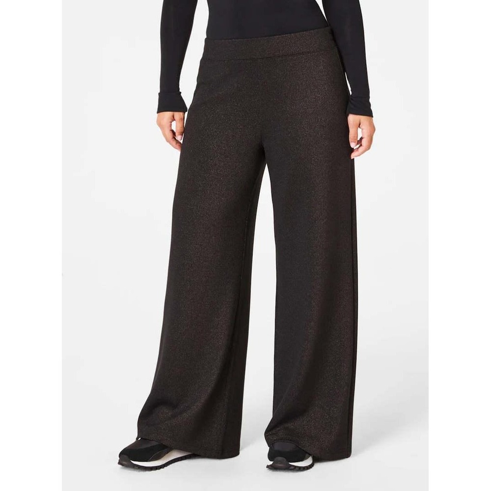Spanx Pants Women Small AirEssentials Wide Leg Track Very Black Gunmetal Shimmer